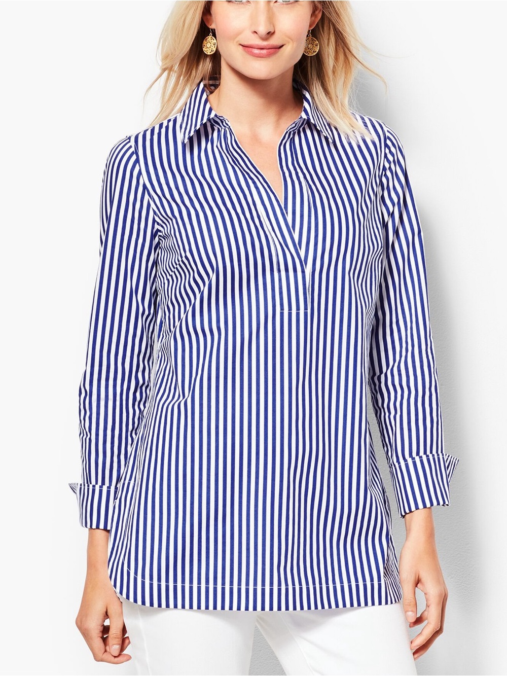 Talbots Non-Iron Blue White Striped Hidden Button Popover Tunic Blouse Petite 14